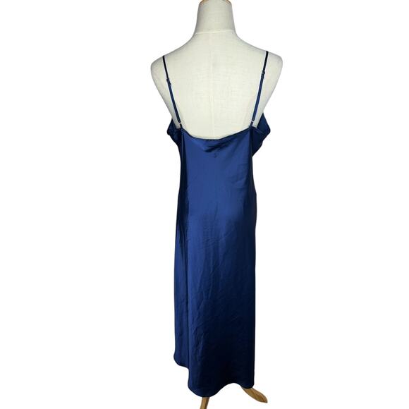 Tahari Dainty Navy Blue Satin Slip Midi Minimalist Dress Cowl Neck Size Large - Picture 6 of 9